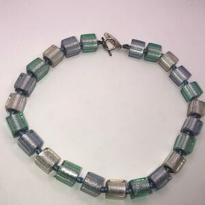 Zahara Pastel Blue Lucite Metallic Foil Cube Knotted Toggle Clasp Necklace 19”